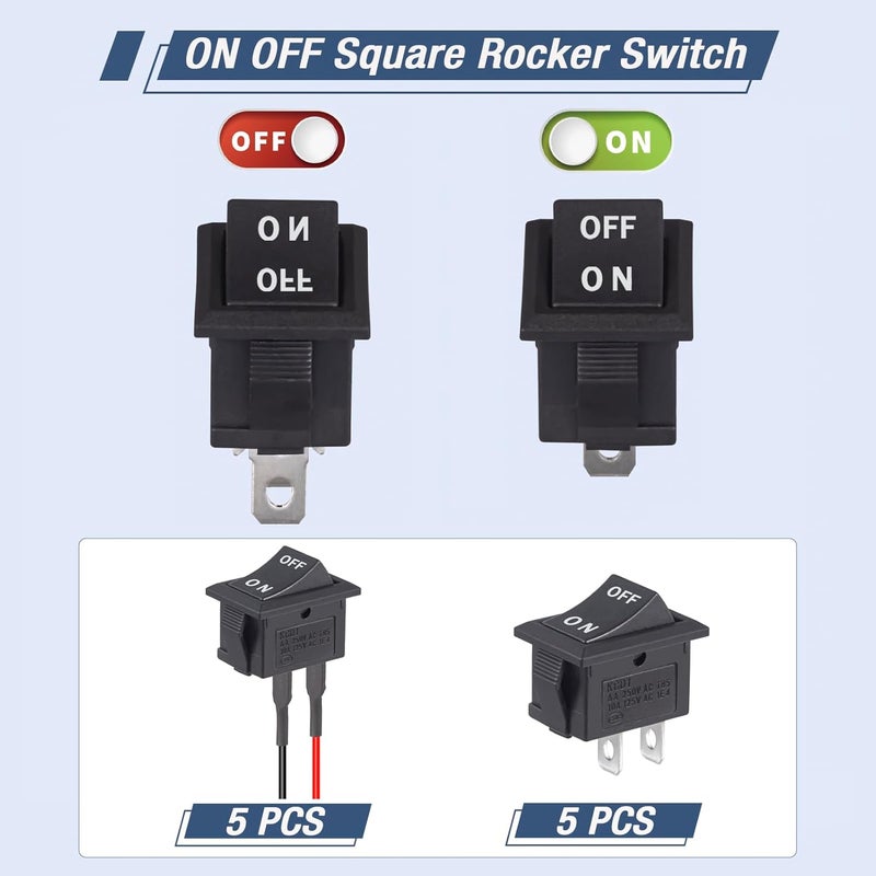 VEXUNGA Rocker ON Off Switch 12V Toggle Switch KCD1 Mini Rocker Switches 2 Pin AC 6A 250V 10A 125V SPST 2 Position Black Square (5Pcs with Leads 5Pcs Without Wires) - Image 3